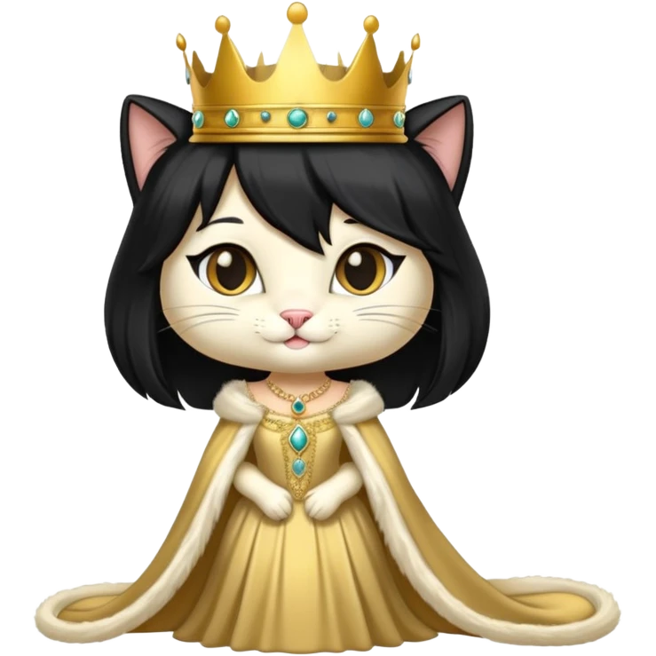 regal cat wearing a crown and elegant dress, long black wig emoji
