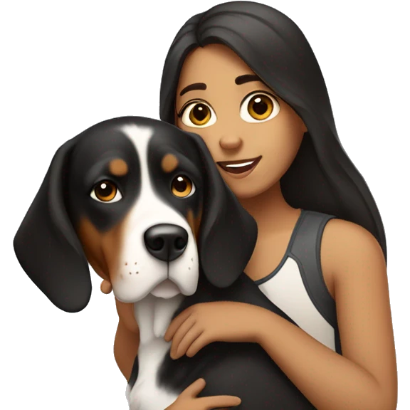 girl with long dark brown hair holding a greater swiss mountain dog emoji