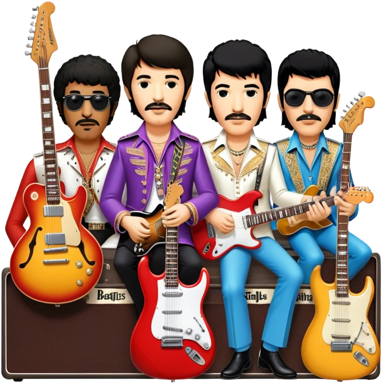 Rock music icon: dynamic collage of global rock legends like The Beatles, Jimi Hendrix, Elvis Presley, Freddy Mercury and Curt Cobane, surrounded by guitars, amplifiers, and stage lights. Symbolizing the energy and power of rock music. Transparent background. emoji