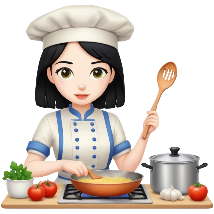 black hair girl with pale skin is cooking emoji