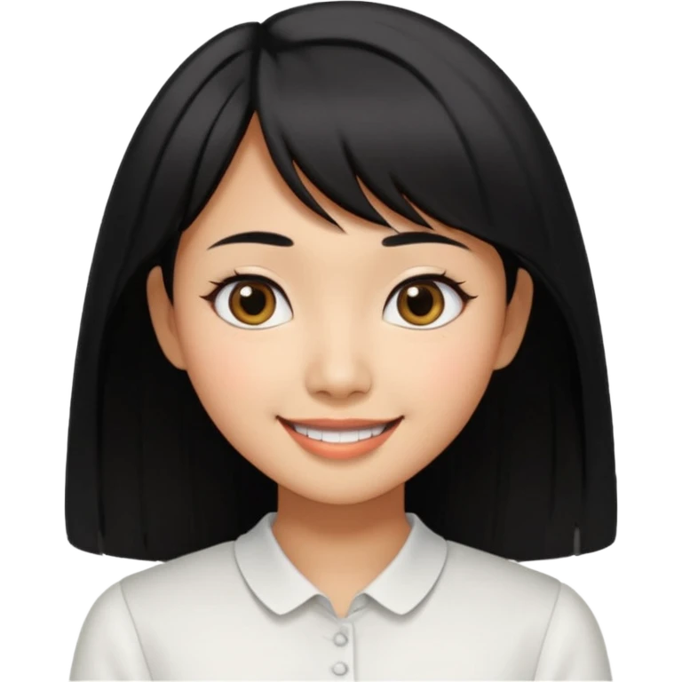 30 yr old asian woman center parted hair big eyes big smile tanned skin straight black hair hippie part hair white blouse shoulder length hair middle parted hair few short bangs at front emoji