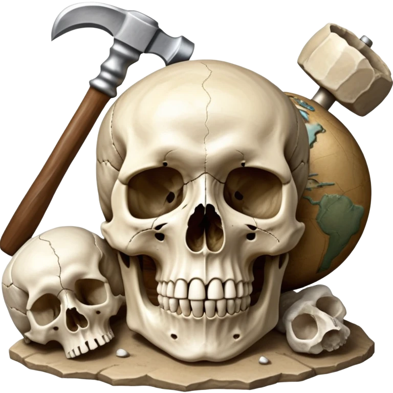 An icon featuring a human skull and fossilized bones, symbolizing the study of anthropology. The design includes archaeological tools like a pickaxe and brush, with a background of ancient artifacts and a globe. Transparent background emphasizes the exploration of human history and evolution. emoji