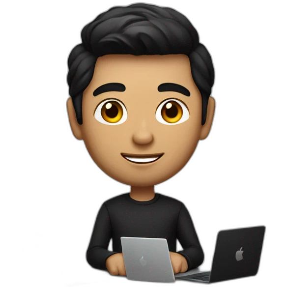 memoji of a man with a laptop in front, apple-style,modern,dark hair,black sweater,computer in hand, srilankan, he site on a desk emoji