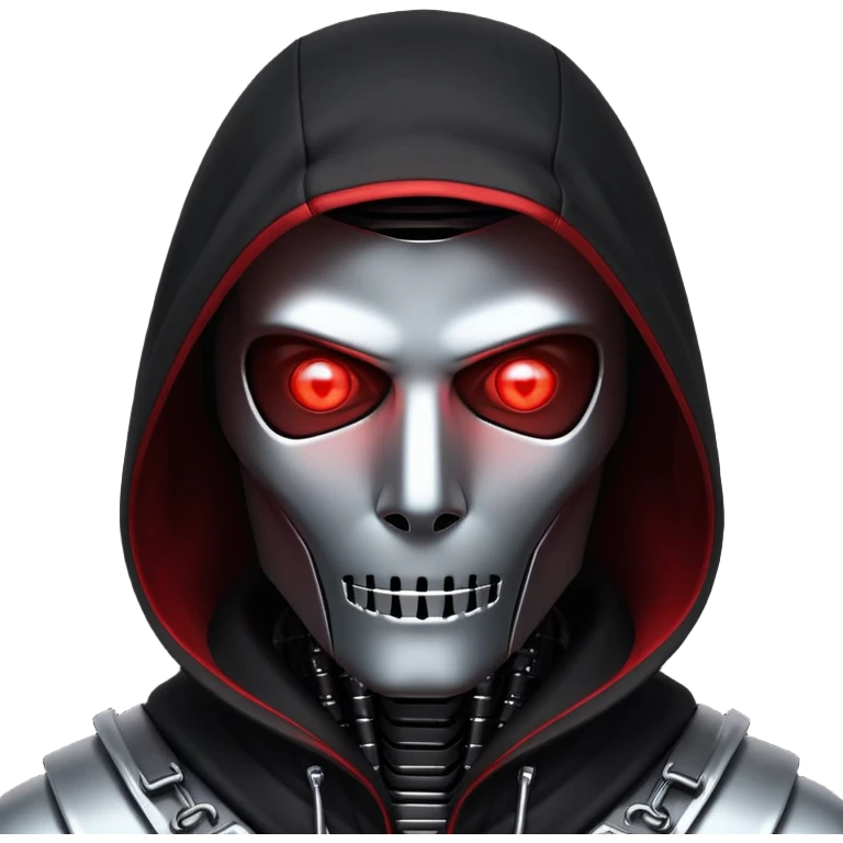 Evil robot hacker with glowing red eyes, dark hood, binary code, sinister expression emoji