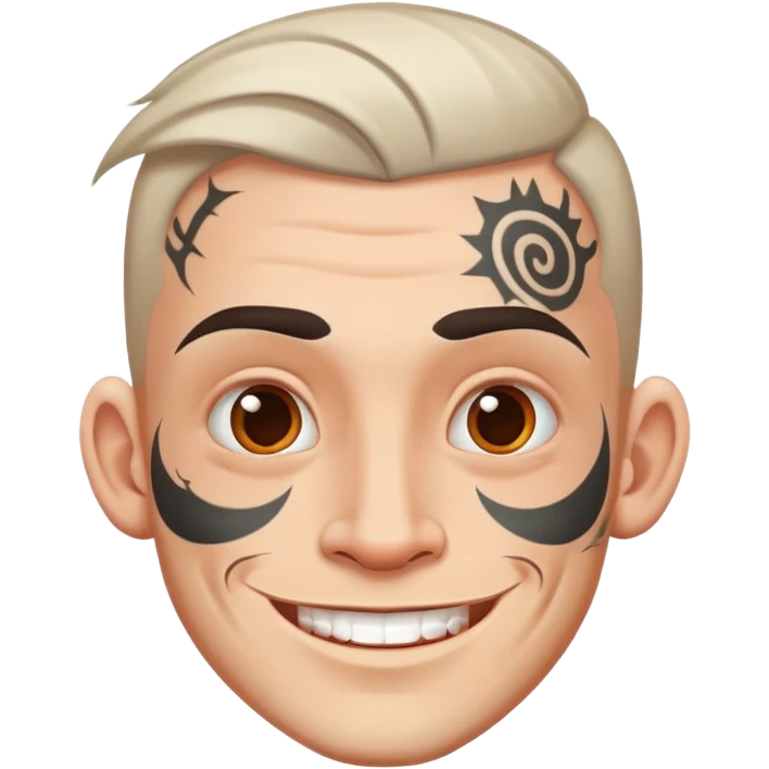 white man with bold face tattoo, happy face emoji