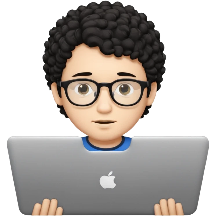 A young boy DEVELOPER WITH A laptop, black curly short hair, wearing glasses, a thin goatee, his skin is white emoji