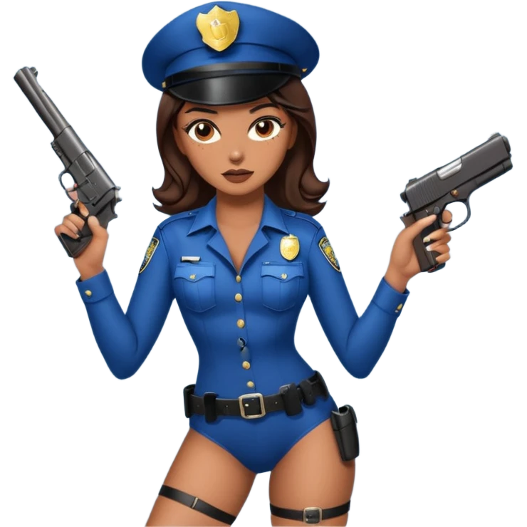 A sexy girl. with caramel skin. Dark brown hair and brown eyes. She has freckles. Wearing sexy makeup. Dressed as a sexy cop. wearing lingerie and heels. Holding a gun emoji