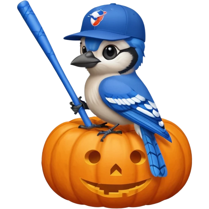 bluejay wearing MLB bluejay baseball hat holding a blue baseball  bat,  sitting on a Halloween pumpkin  emoji