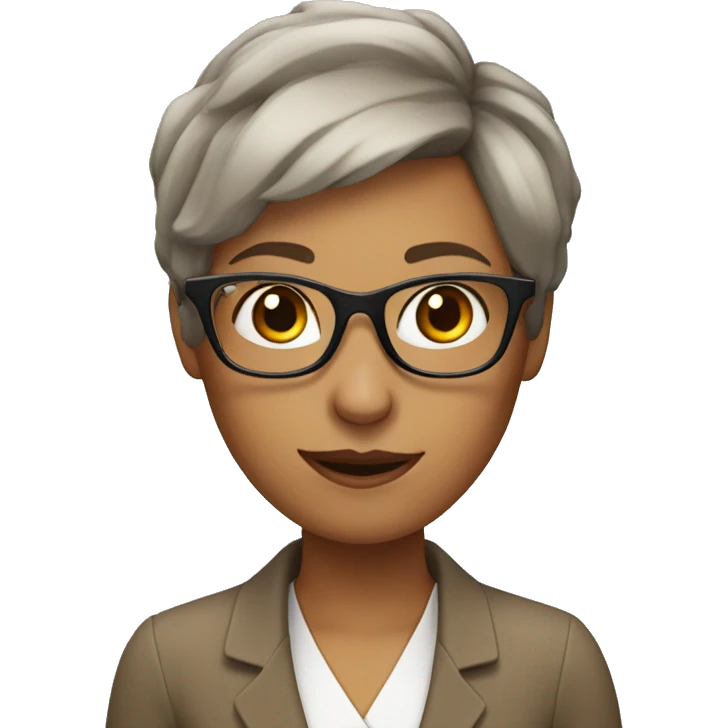 female teacher very short hair with glasses and saying hola emoji