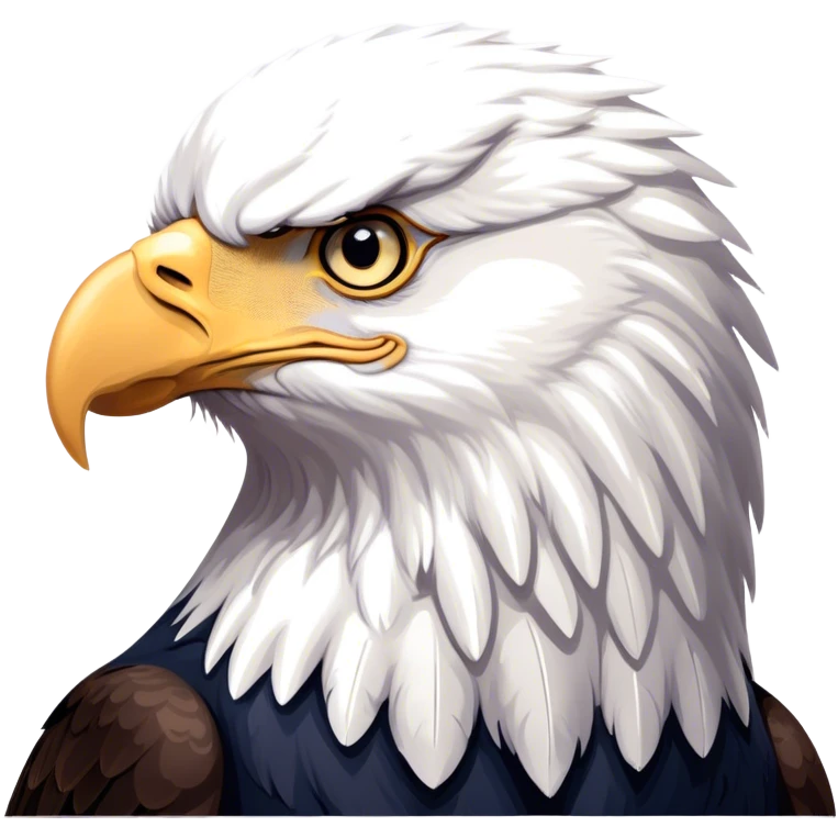 Cinematic Noble American Eagle Portrait Emoji, Poised and regal, with a powerful, broad build, a distinctive white-headed silhouette contrasting a dark, formidable body, and piercing, intense eyes, Simplified yet sharp and sophisticated features, highly detailed, glowing with a soft, majestic radiance, high shine, intelligent and commanding, stylized with an air of national pride, focused and vigilant, soft glowing outline, capturing the essence of a watchful and confident American eagle that appears ready to soar out of the screen with effortless authority! emoji