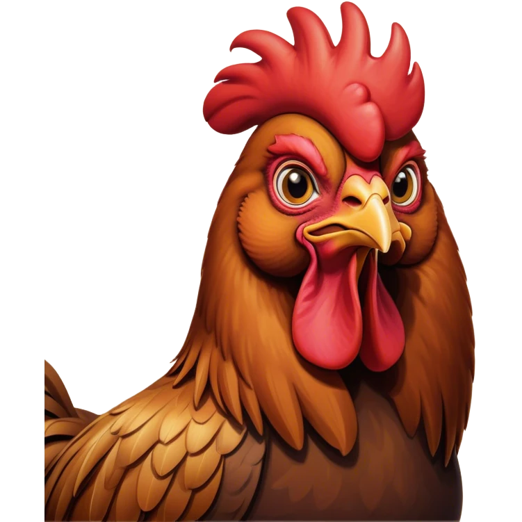 Cinematic Noble Brown Rooster Portrait Emoji, Poised and regal, with a robust, commanding build and a rich, well-groomed brown plumage, deep-set soulful warm eyes, Simplified yet sharp and sophisticated features, highly detailed, glowing with a soft, dignified glow, high shine, intelligent and proud, stylized with an air of rustic majesty, focused and attentive, soft glowing outline, capturing the essence of a watchful and confident leader, so majestic it feels as though it could crow out of the screen with effortless authority! emoji