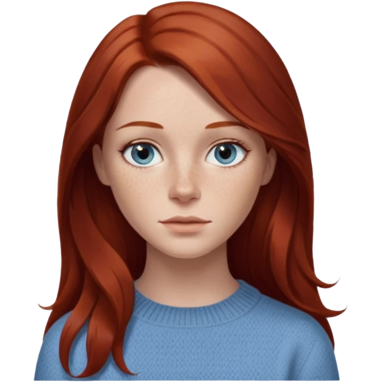 woman with long dark auburn red hair that is mostly straight but has slight waves to it. grey blue eyes. some freckles. wearing a Swedish style sweater that is neutral. the image on the right is closer emoji