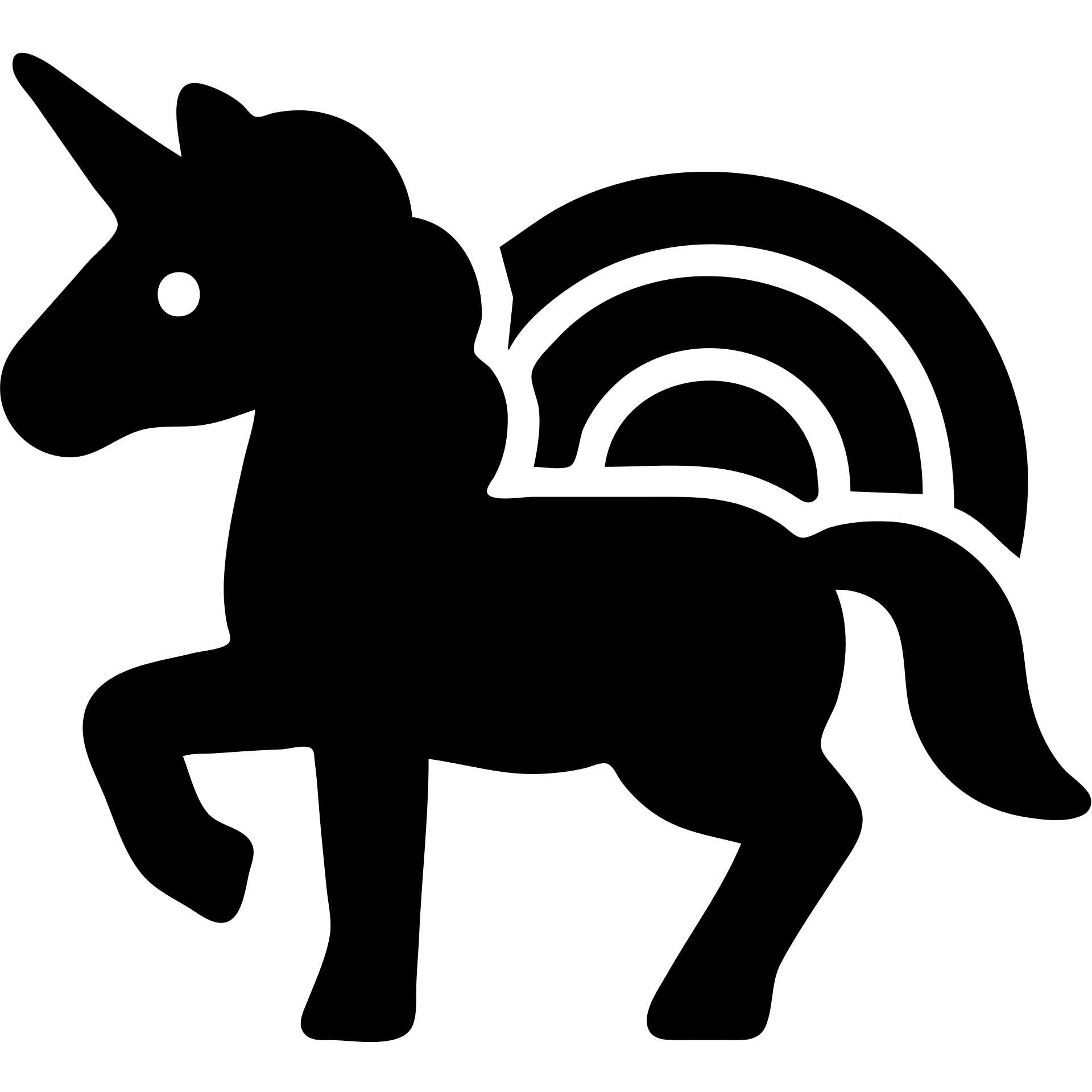 A unicorn in a black filled icon style, with a rainbow. emoji