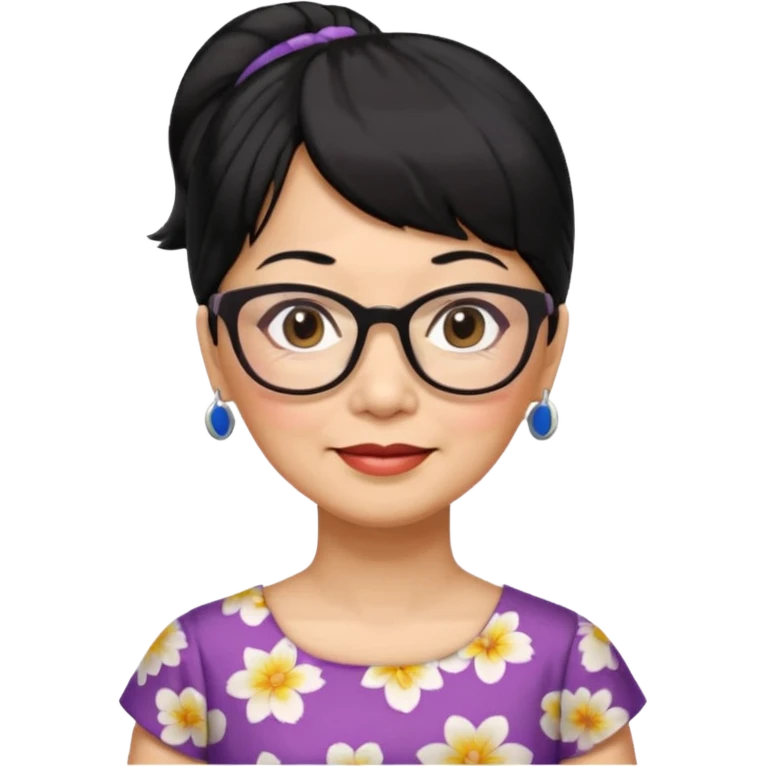 filipino woman black hair in one pony tail with straight bangs and big glasses, 60 yr old, nice dress

 emoji