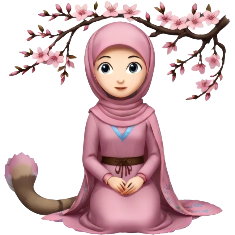Turkish beautiful finish Konya girl blue eyes with hijab and cherry blossom dress long tailed on the floor  emoji