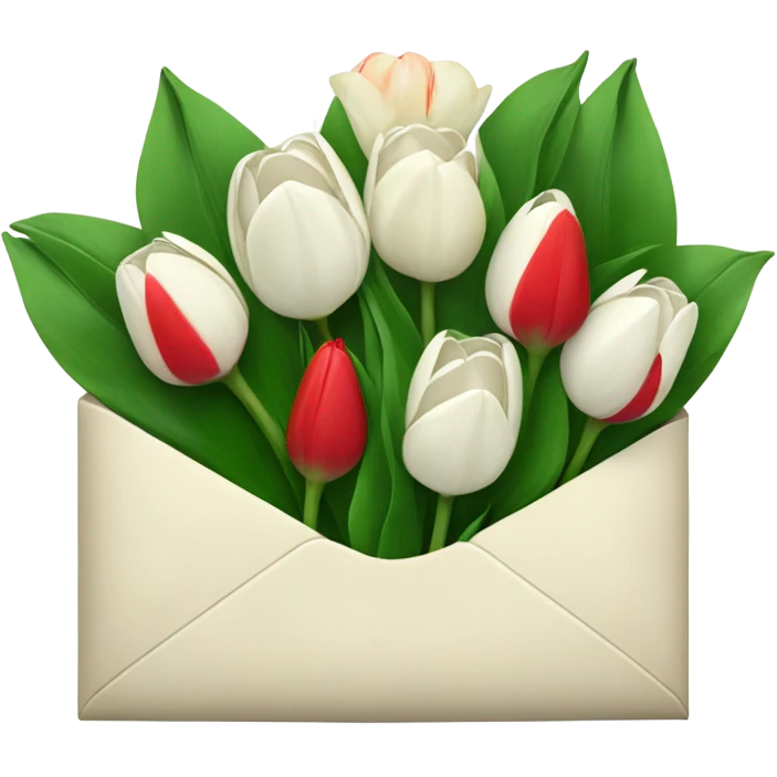 Cream envelope with white tulips and red tulips in and leaves emoji