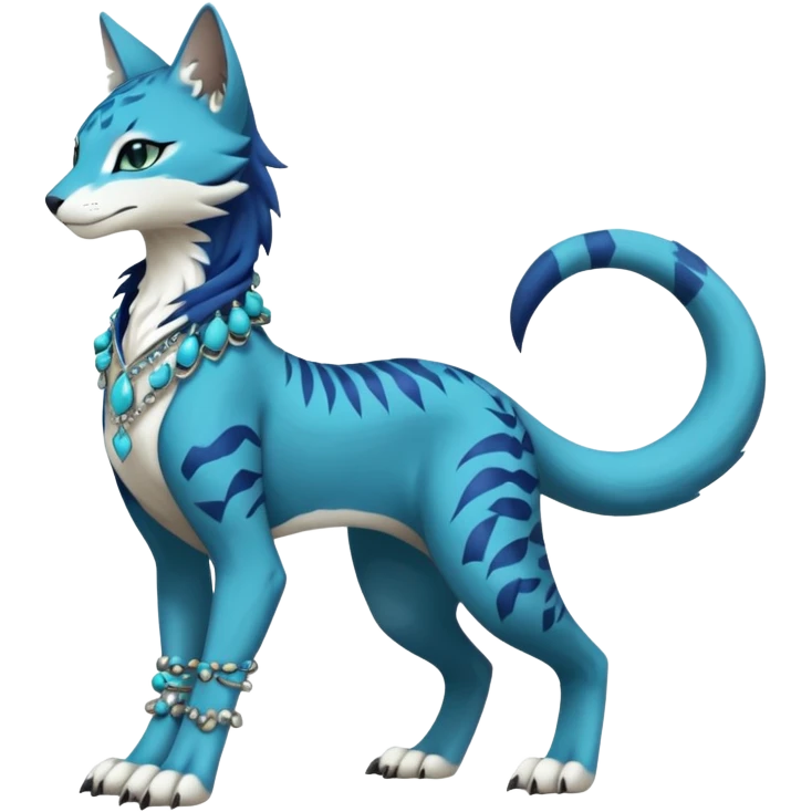 Kawaii cute Indigo Turquoise Grey beautiful pretty elegant divine edgy feline-vernid-sergal-Fakémon-Pokémon-Digimon-fursona-animal-creature, full body, with intricate detailed markings, silken shawl, decorative anklets emoji