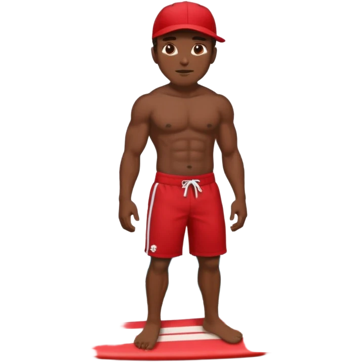 Dark, muscular surfer wearing red shorts and a baseball cap Hawaii emoji