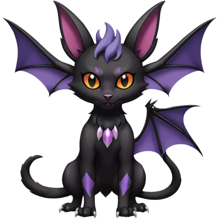 Black dark spooky badass cool shiny glossy smooth soft Black edgy Noivern-Noibat-Purloin-Torracat-Lykoi-Caracal-cat-Fakemon-fusion-hybrid-creature with bat wings on head as ears, big fangs, gothic markings emoji