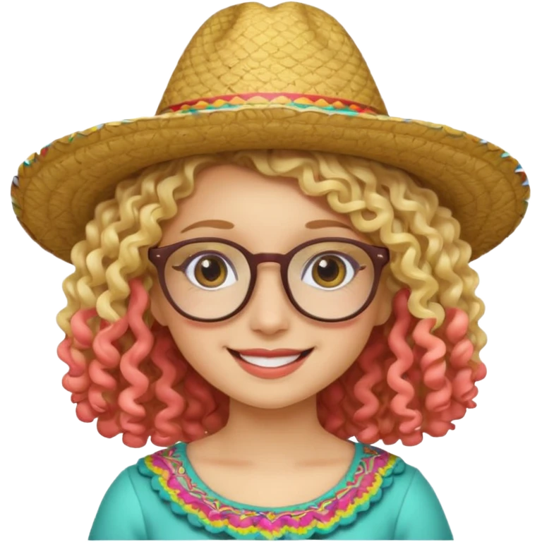 blonde girl with curly hair and glasses with a Mexican hat emoji