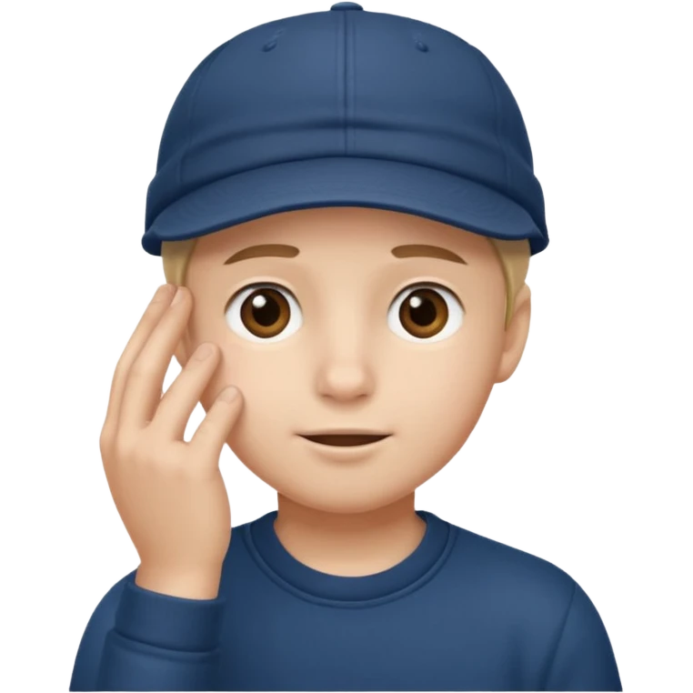 A boy wearing a cap who puts his hand in his face emoji