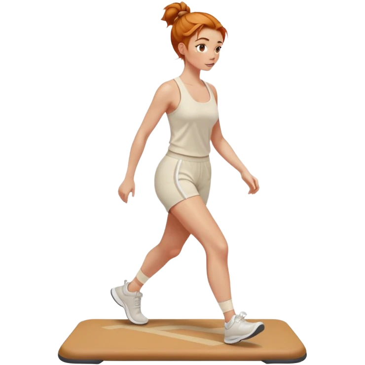 Beautiful Ginger girl messy bun walking on walking pad cream gym outfit emoji