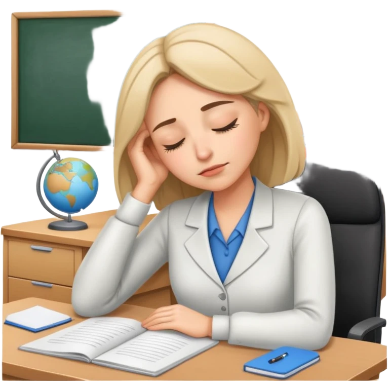 Tired woman teacher asleep at desk, classroom setting emoji