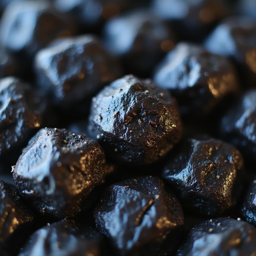 realistic black candy with a holographic sheen, photorealistic style emoji