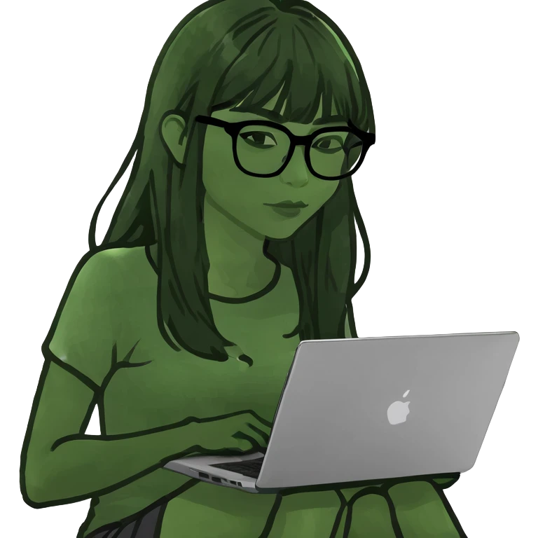 A beautiful woman with straight-across bangs and long black hair is using a laptop. emoji
