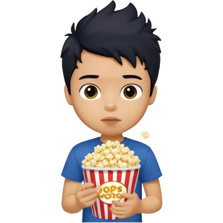 generate a pretty tan bratz boy with a dark blue tshirt on. eating popcorn. messy black hair emoji