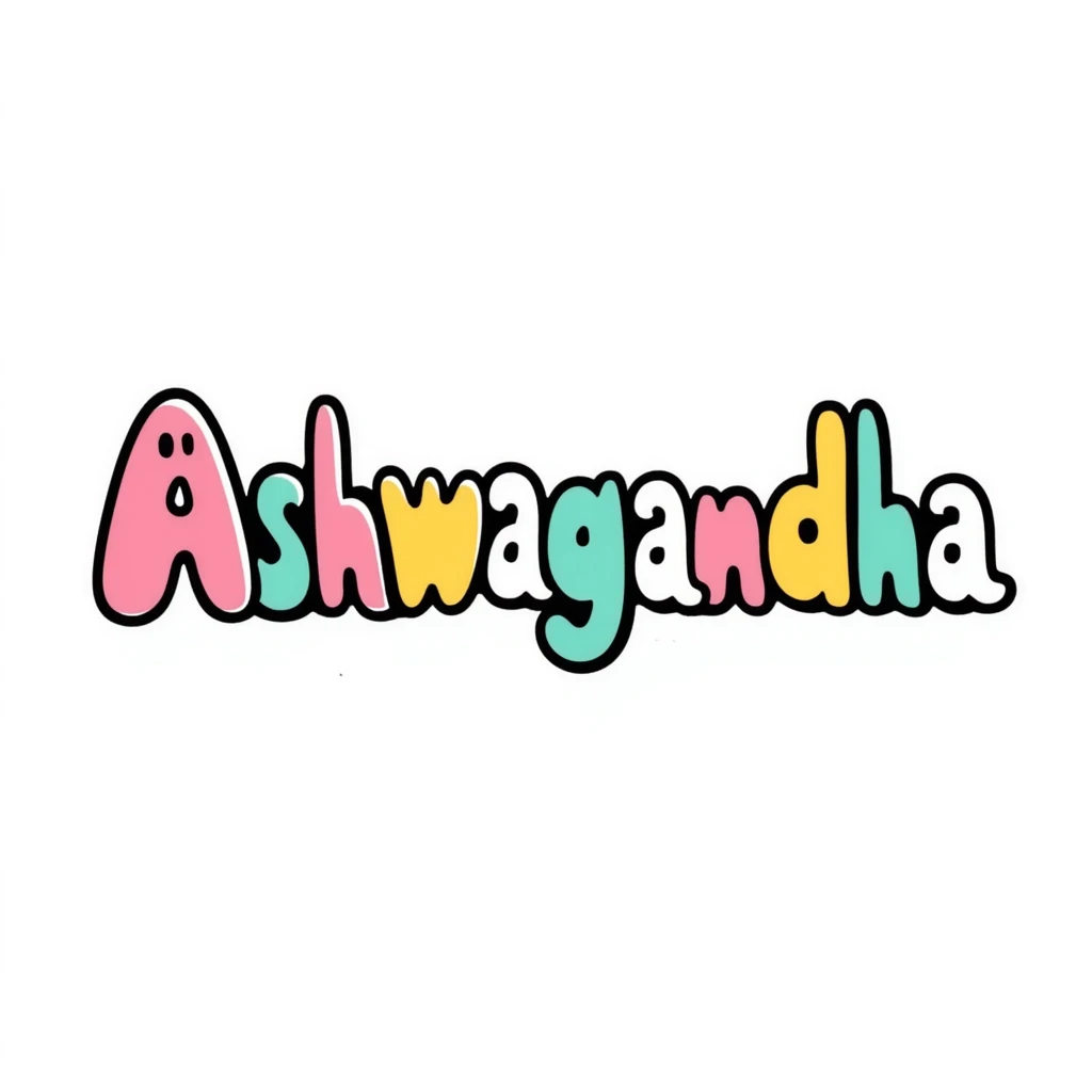 The word "Ashwagandha" hand-drawn in a vibrant tropical color scheme with pinks, teals, and yellows. Simple doodle style with minimal decoration. emoji