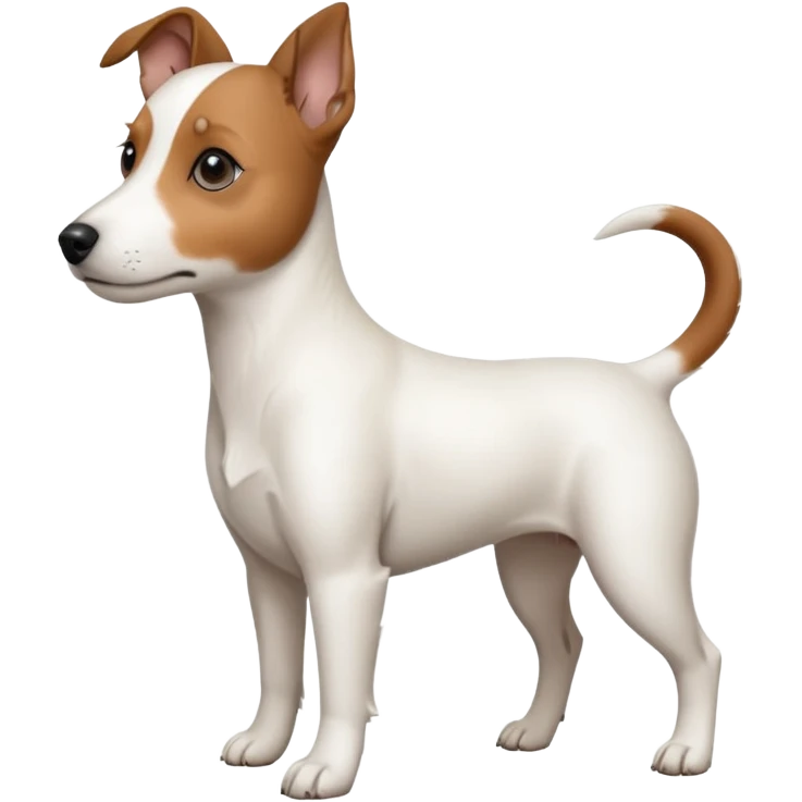 a fully white jack russell the size of a kelpie with floppy ears and a half white face emoji