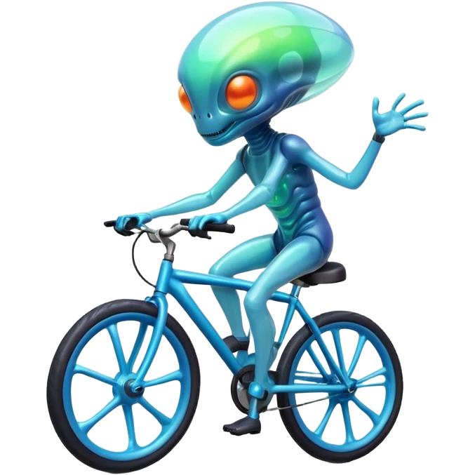 jelly alien riding a bicycle, translucent gelatin body, glowing core inside, wobbly fun movement, cute sci-fi creature, 3D cartoon, mobile game icon style, clean background, no text, no watermark
 emoji