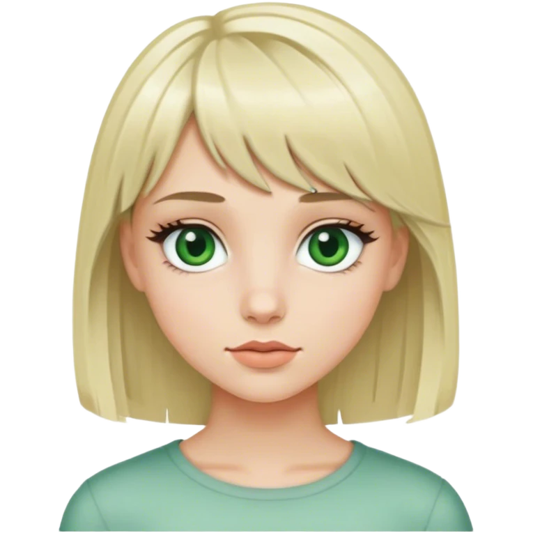 blonde girl with grey-green eyes, medium length layered hair with micro bangs emoji