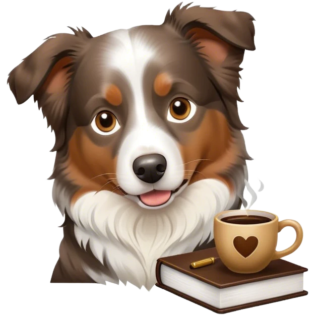 australian shepherd with a coffee and lawyer book emoji