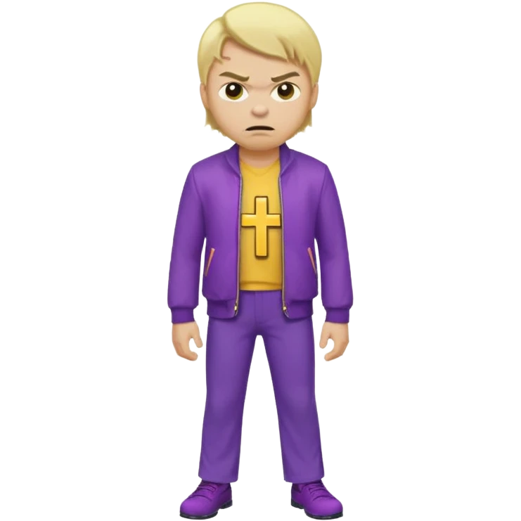Create A Guy Wearing Light Skin Blond Hair Yellow Cross Purple Jacket Purple Pants And Mad Face emoji