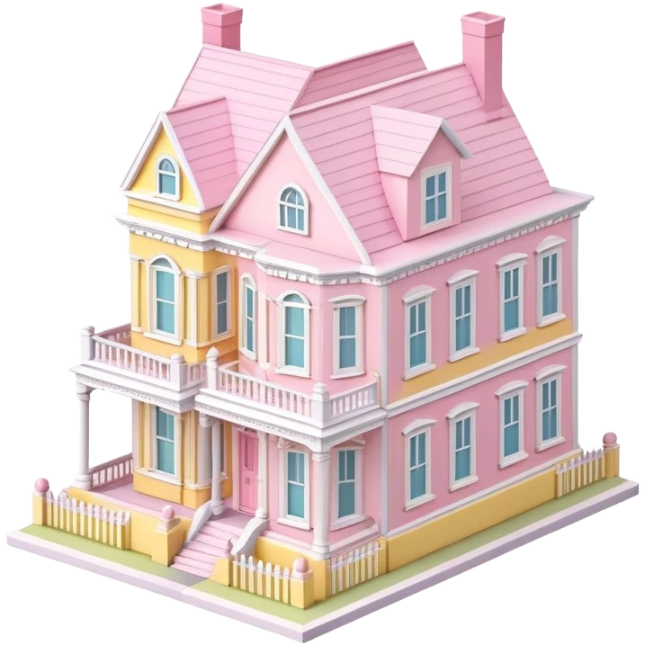 charleston pastel row home dollhouse, 3d isometric, realistic, pink and yellow emoji