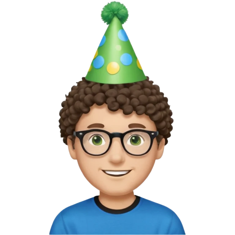 A white guy with curly brown hair and green eyes with a happy face, and wear square black glasses.He’s also got a full silver birthday party hat on his head with blue pom poms on top of it, and his T-shirt is all black, he wears a little gold circle earrings on his left  emoji