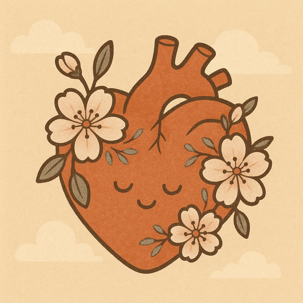 heart with sakura flowers and silver accents, flat warm colors style emoji