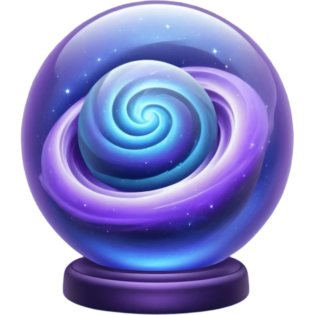 A glass sphere filled with swirling purple and blue dust, glowing softly, 3D. Use muted, calm purples and blues instead of bright neon tones, to create a harmonious and elegant look. emoji