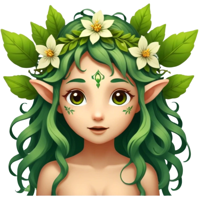 Cinematic Realistic Forest Nymph Fairy Portrait, head tilted playfully and inquisitively, showcasing a nature-inspired form with intricately detailed, sunlit tanned skin and cascading hair interlaced with leaves and blossoms. Her bright, curious eyes sparkle with forest mischief, rendered with lifelike clarity and warm, dappled lighting that captures the spirit of an enchanting woodland fairy ready to dance among the trees. emoji