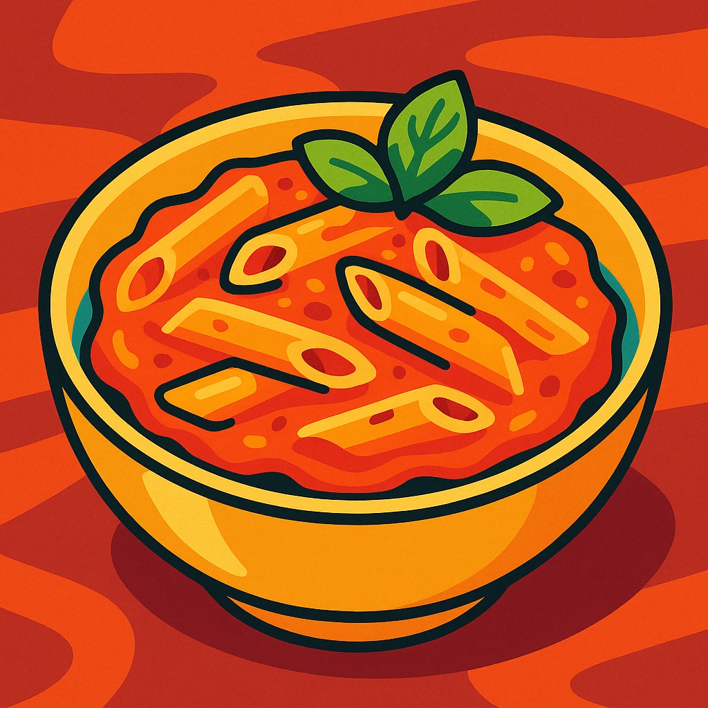 a bowl of creamy vodka pasta with penne noodles, tomato sauce, and a sprig of basil, appetizing and colorful emoji