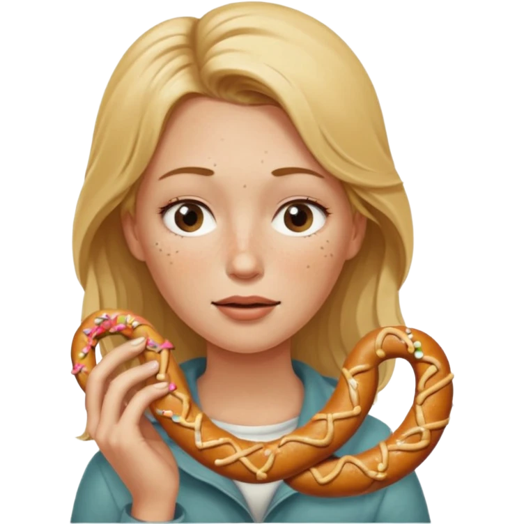 One eye closed, Dirty blond woman, fair skin with freckles,  holding pretzel emoji