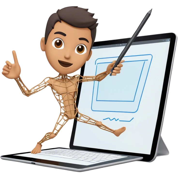 Create an emoji for 3D visualization and modeling. Show wireframe model that pops out from the screen of a large graphic tablet with a stylus drawing in a 3D modeling program. Use modern, professional colors. Do not include any emojis or smiley faces. Make the background transparent. emoji