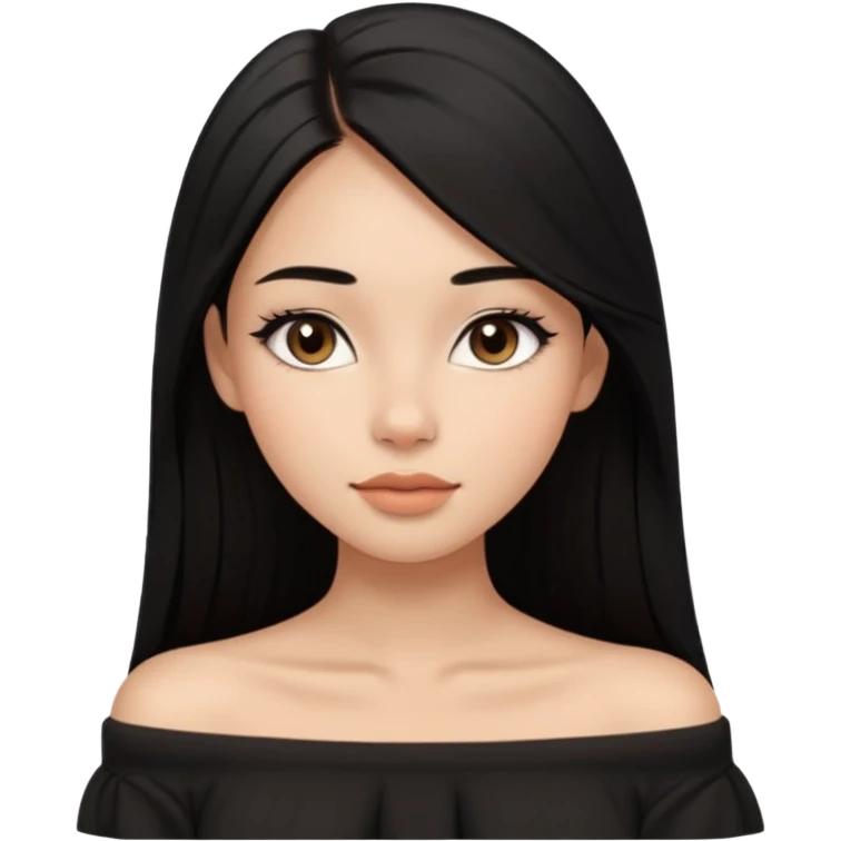 A realistic 3D avatar of a young woman with a soft oval face, slim cheeks, natural almond eyes, long straight black hair, minimal makeup, wearing a black off-shoulder top, elegant and aesthetic, brown skintone, add nosepin at left side.  emoji