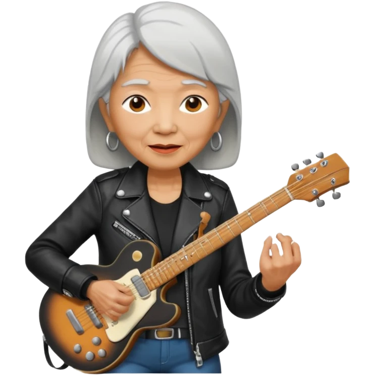 guitar rock player, elderly woman asian head, black jacket emoji