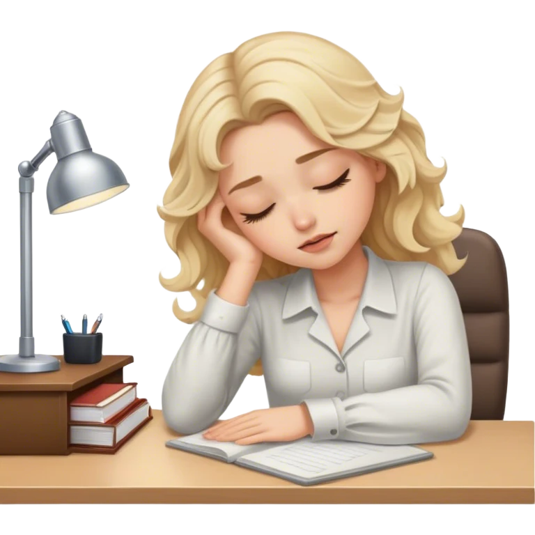 Pretty blonde model, brown eyes, soft wavy hair, falling asleep at desk emoji