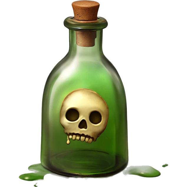 Mysterious Alchemical vintage glass potion bottle, exquisite bottle shape, old and shabby, with label, stylish and minimalistic, brown and shabby-green, oil potion is poured out of the bottle, herbal, flowers and oil is spilled next to it emoji