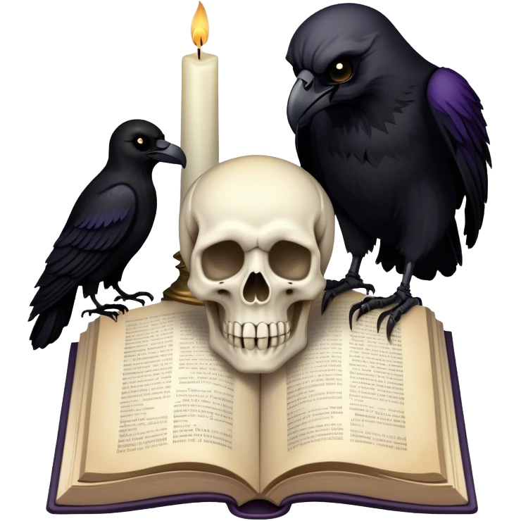Icon for Horror and Mystery Reading: an open book with eerie shadows and mist rising from the pages, a candle, a skull, and a raven perched nearby. The icon should evoke the suspense, fear, and supernatural atmosphere of horror and mystery stories. Transparent background. emoji