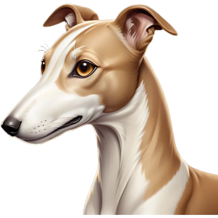 Cinematic Noble White and Brown Greyhound Portrait Emoji, Poised and regal, with a slender, aerodynamic build and a sleek Fur of pristine white accented by warm brown markings, deep-set soulful eyes, Simplified yet sharp and sophisticated features, highly detailed, glowing with a soft, dignified glow, high shine, intelligent and agile, stylized with an air of elegance, focused and attentive, soft glowing outline, capturing the essence of a watchful and swift companion, so majestic it feels as though it could dash out of the screen with effortless authority! emoji